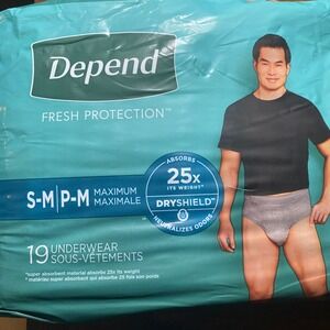Depend Fresh Protection Men Incontinence Underwear Maximum S/M 19 Count Grey